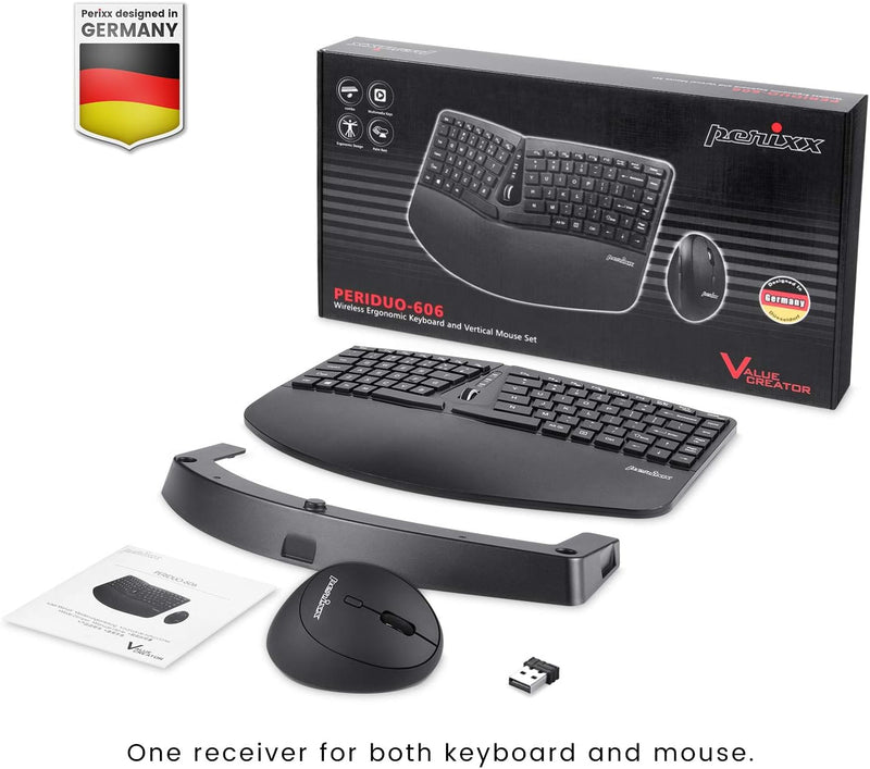 Perixx PERIDUO-606 Wireless Mini Ergonomic Keyboard with Portable Vertical Mouse - Adjustable Palm R