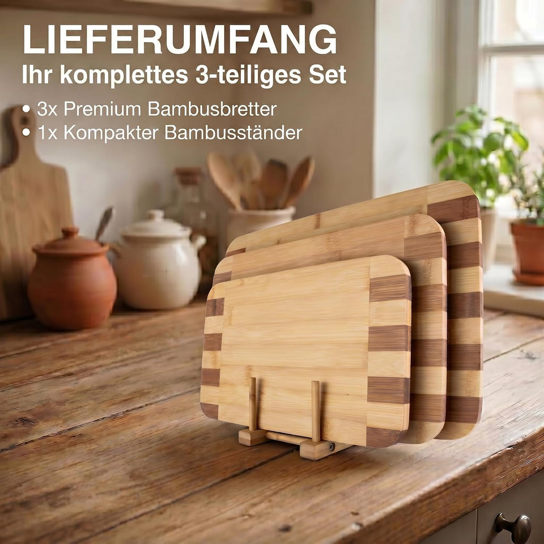 Bambus 3er Set Schneidebretter Set Servierbretter Küchenbrett Brotbrett; klingenschonend, antibakter