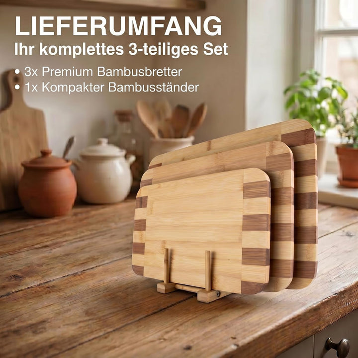 Bambus 3er Set Schneidebretter Set Servierbretter Küchenbrett Brotbrett; klingenschonend, antibakter