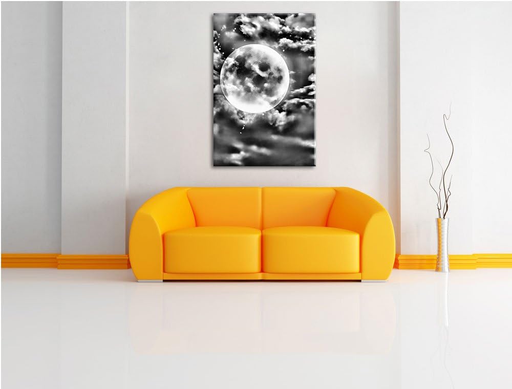 Pixxprint Monocrome, Vollmond Unter Sternen und Wolken, Format: 100x70 auf Leinwand, XXL riesige Bil