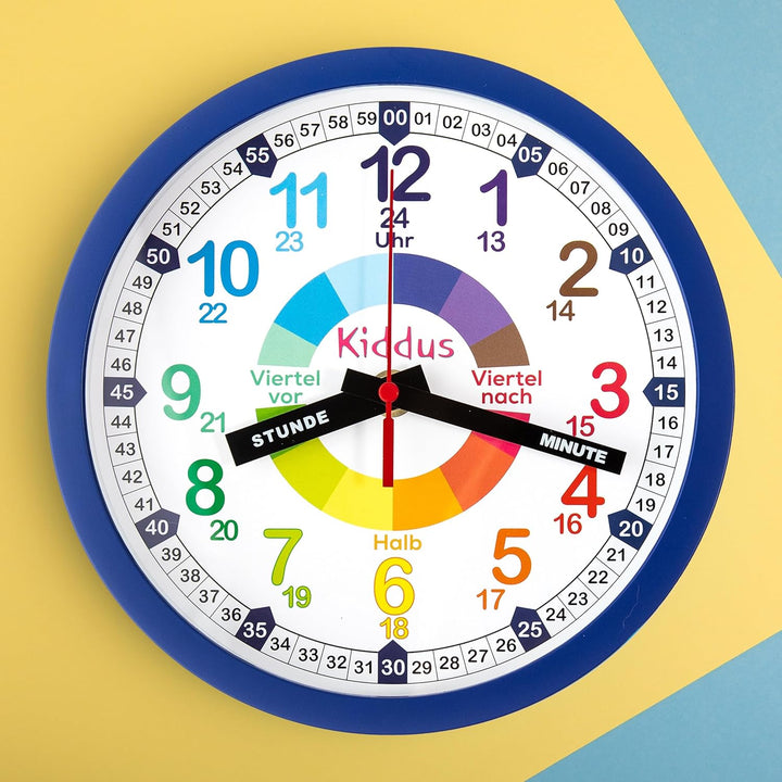 Kiddus Kinder Wanduhr, Jungen und Mädchen, Analoger Lernuhr mit Zeitlernübungen, Kinderwanduhr Ohne