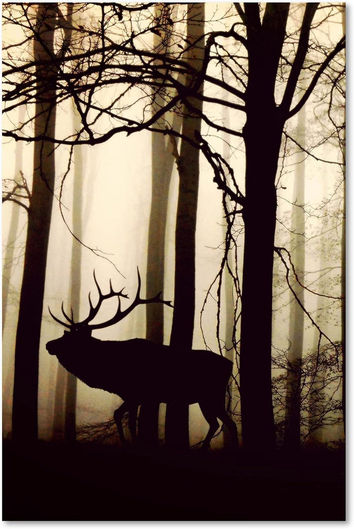Feeby Bilder Hirsch Wald Nebel XXL 80x120 cm 1Teilig Wohnzimmer Schlafzimmer Modern Wandbilder Vlies