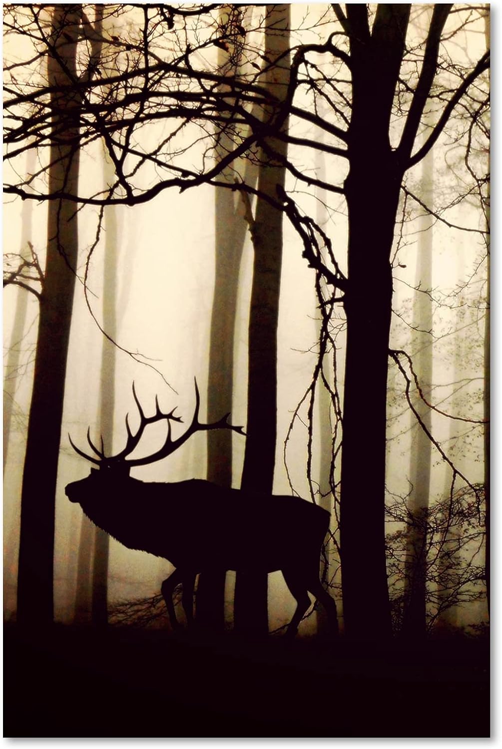 Feeby Bilder Hirsch Wald Nebel XXL 80x120 cm 1Teilig Wohnzimmer Schlafzimmer Modern Wandbilder Vlies