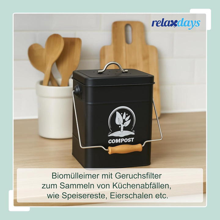 Relaxdays Komposteimer Küche, 6 l, Kleiner Mülleimer, Deckel und Geruchsfilter, Metall, Abfalleimer