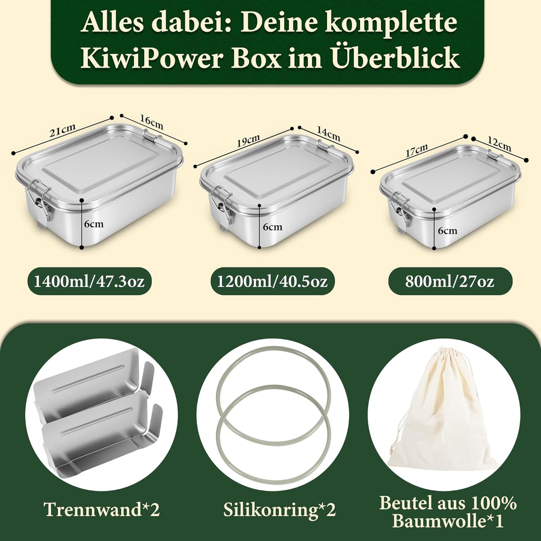 Brotdose Edelstahl 1400ml gross mit 2 Trennwänden, Auslaufsichere Lunchbox für Arbeit, Schule & Outd