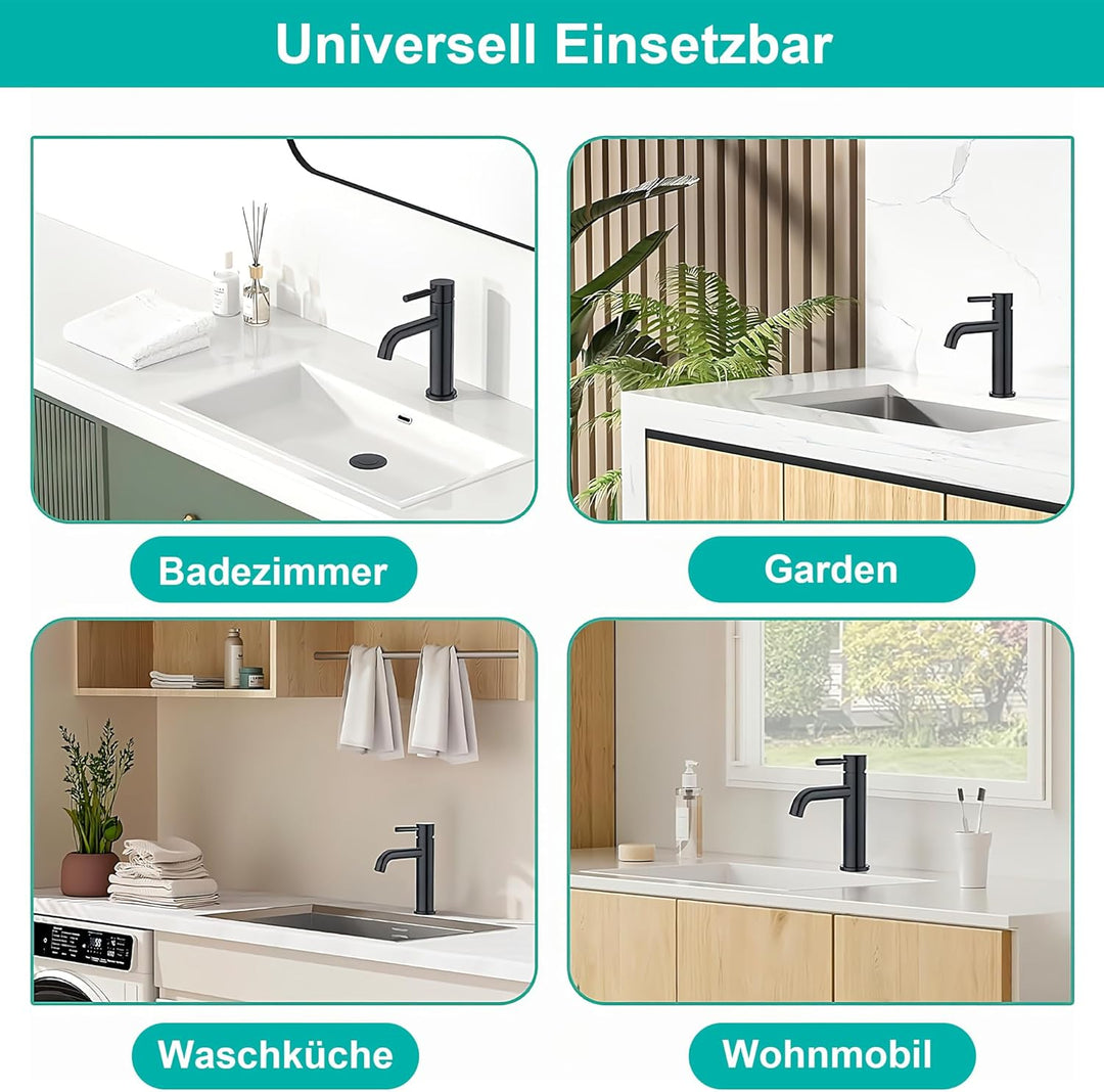 Wasserhahn Schwarz Matt Bad, Anti Ablösung Unterdruck Bleifrei Waschtischmischer mit Zulaufschlauch,