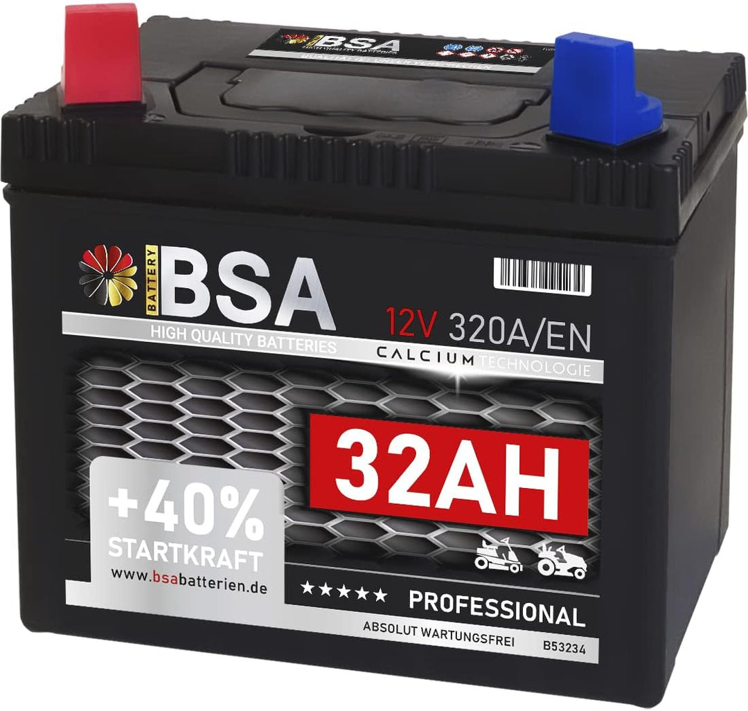 Rasentraktor Aufsitzmäher Batterie 32Ah 12V Starterbatterie absolut WARTUNGSFREI Plus Pol links 30Ah