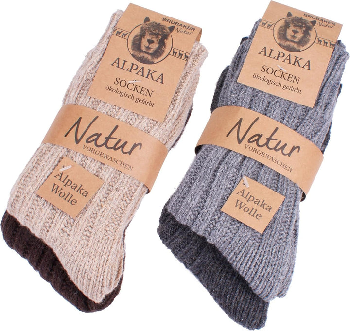 Brubaker 4 Paar Alpaka Socken sehr dick flauschig und warm - reine Alpakawolle 43-46 Grau- und Braun