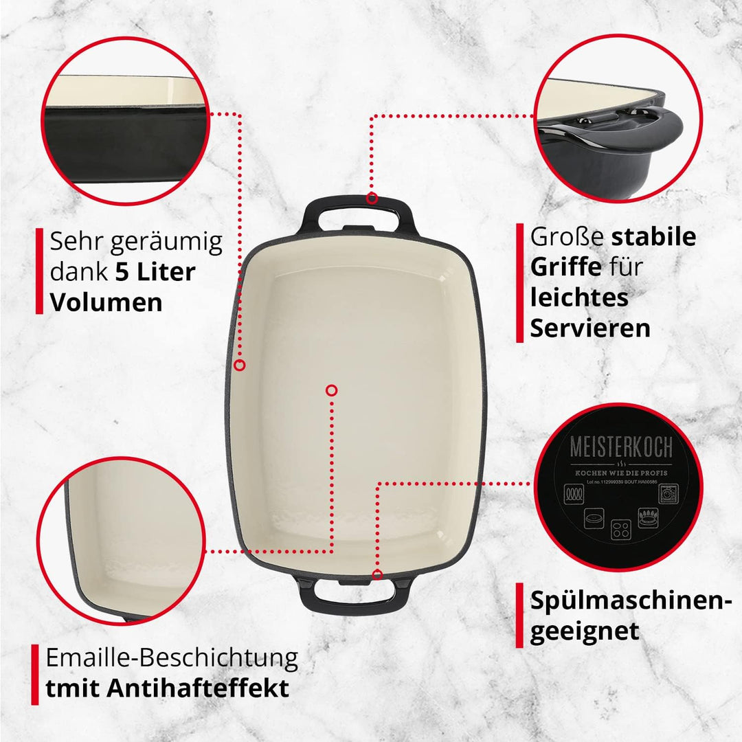 MEISTERKOCH Bräter aus Gusseisen in Schwarz/Creme, 44,5 x 27 cm, 5 Liter Volumen, Induktion, spülmas