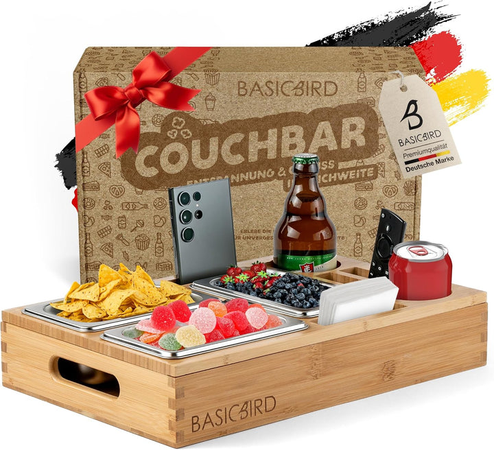 BASICBIRD® Couchbar Snackbox - Organizer Tablett- Snackspender mit 3X Snackschale - Holz Sofatablett