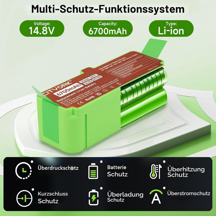 CITYORK 6700mAh Li-ion Ersatz Akku für iRobot Roomba 980 981 985 960 968 966 965 900, 880 896 895 89