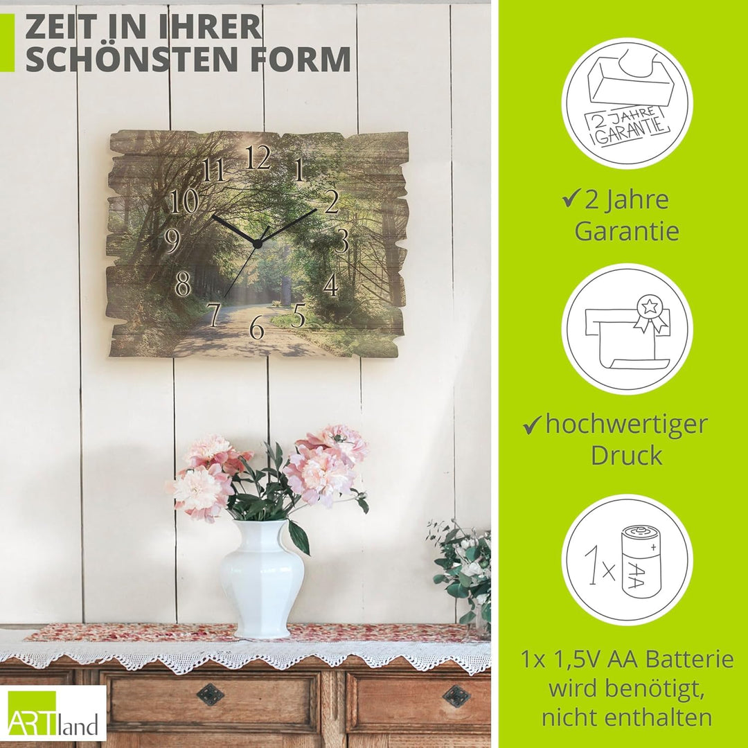 ARTLAND Wanduhr ohne Tickgeräusche aus Holz Funk Uhr lautlos 40x30 cm Rechteckig Wald Landschaft Nat