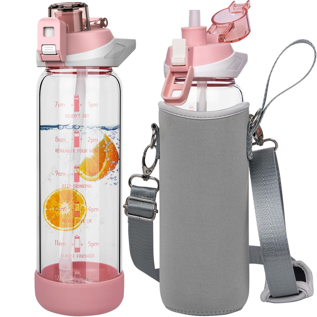 Seekua 0.8l Sport Trinkflasche Glas Flasche mit Strohhalm &amp; Zeitmarkierung 800ml auslaufsicher bpa f