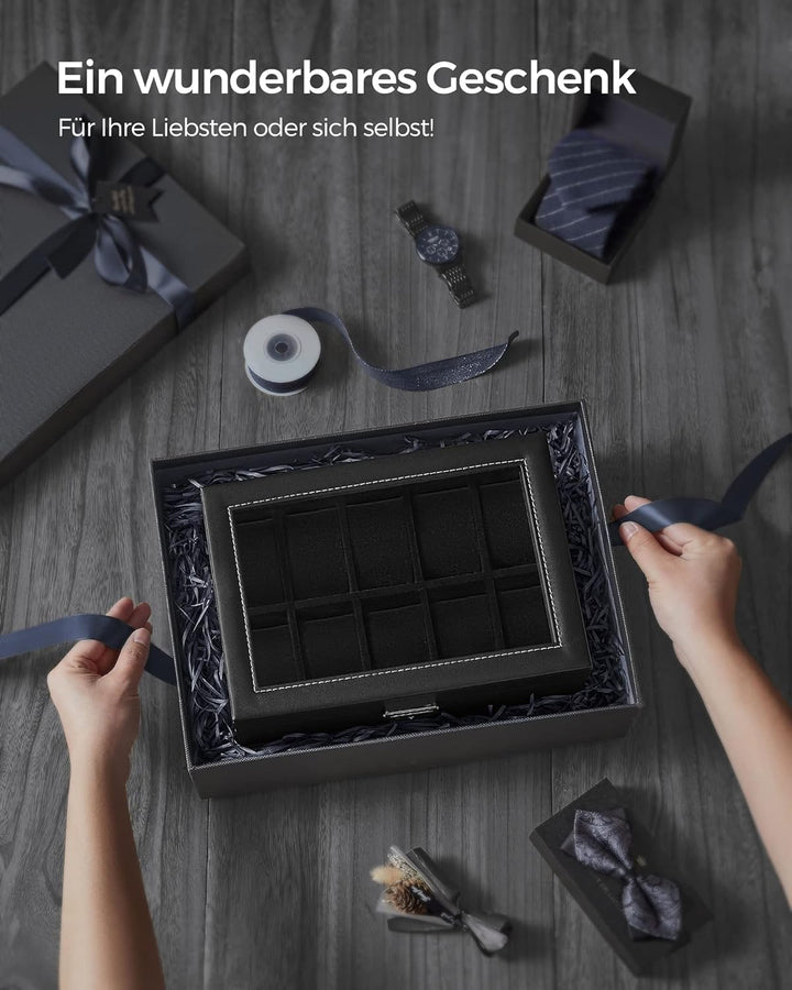 SONGMICS Uhrenbox, Uhrenkasten mit Glasdeckel, 2 Ebenen, Uhrenkoffer mit herausnehmbaren Uhrenkissen
