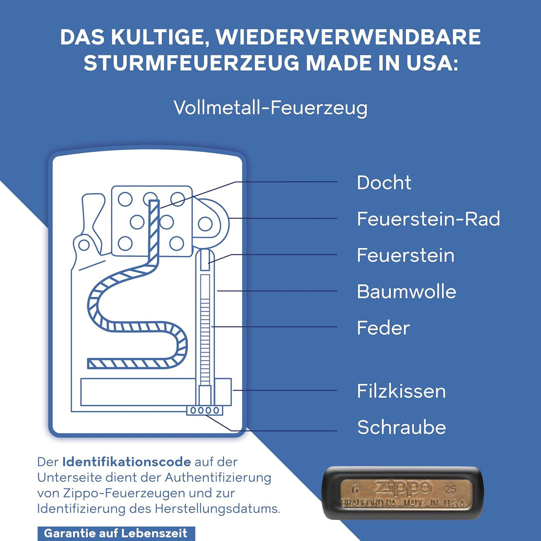 ZIPPO - Black Matte - nachfüllbares Sturmfeuerzeug in hochwertiger Geschenkbox (schwarz, Flammenmoti