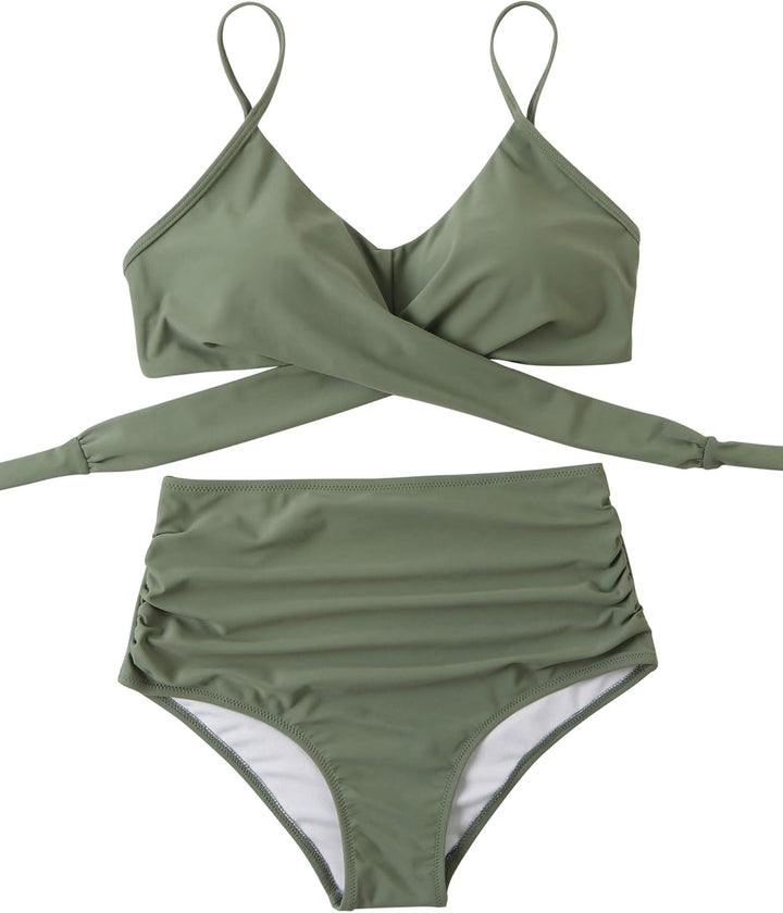 RXRXCOCO Damen Wickel Push Up Bikini Oberteil mit Bauchweg High Waist Bikini Set Bademode XL Armeegr