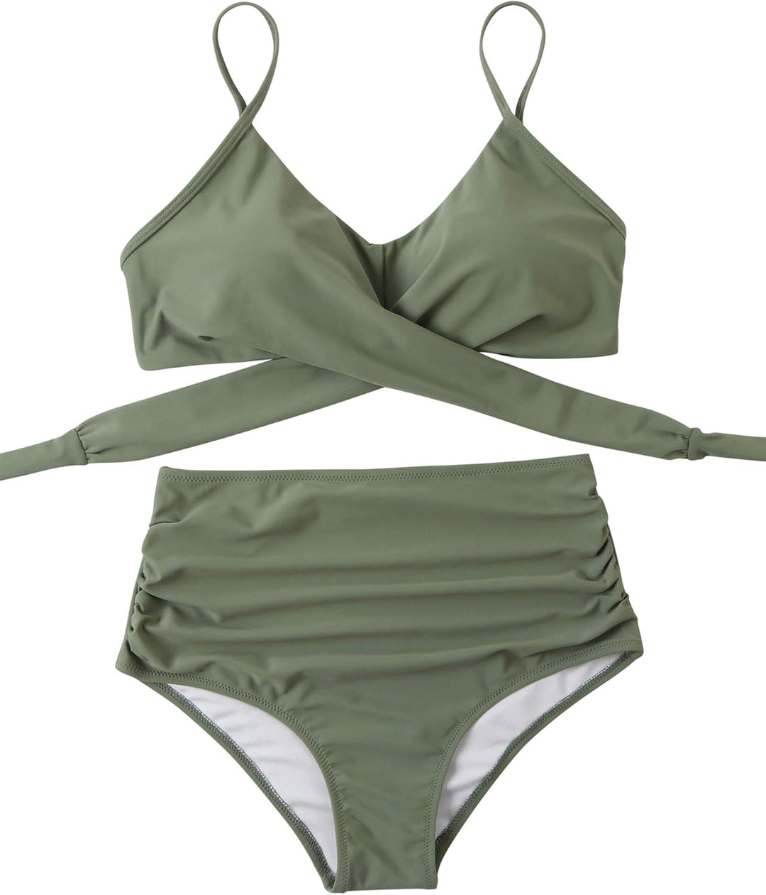 RXRXCOCO Damen Wickel Push Up Bikini Oberteil mit Bauchweg High Waist Bikini Set Bademode, Armeegrün