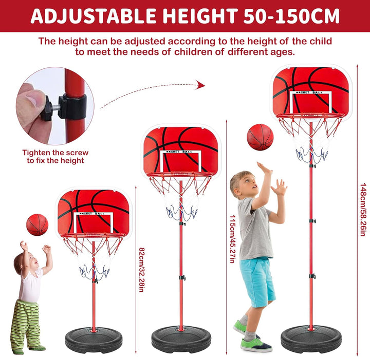 Basketballkorb Outdoor für Kinder,Inkl.2X Netze,3X Basketball,Pumpe & Installationstools,50–150cm Hö
