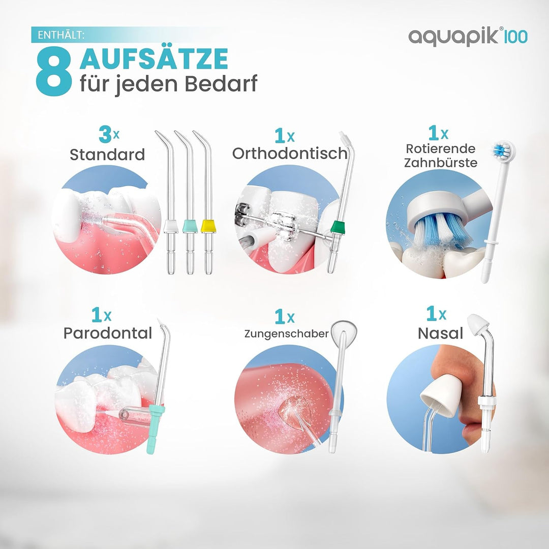Aquapik® 100 professionelle Munddusche | Plaqueentferner + von Zahnärzten empfohlen | 8 Düsen, 10 Dr