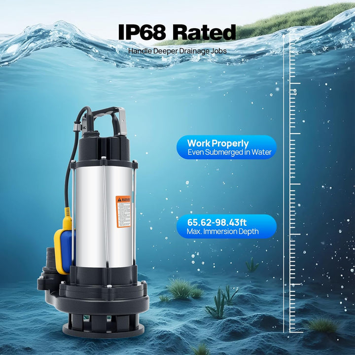 1500W 36000 L/H Edelstahl Schmutzwasserpumpe Schumutzwasser Fäkalienpumpe Schwimmerschalter, Wassere