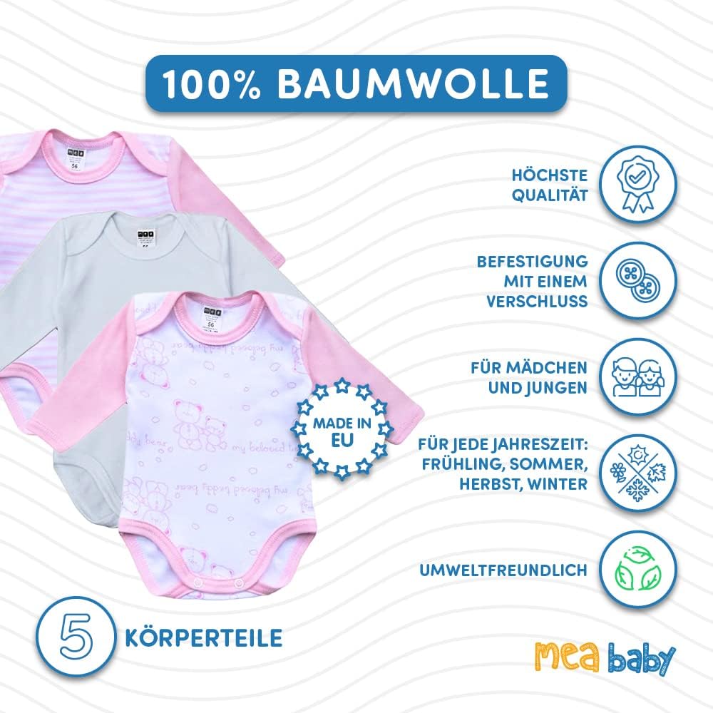 Unisex Baby Langarm Body aus 100% Baumwolle im 5er Pack, Baby Body mit Aufdruck für Mädchen und Jung