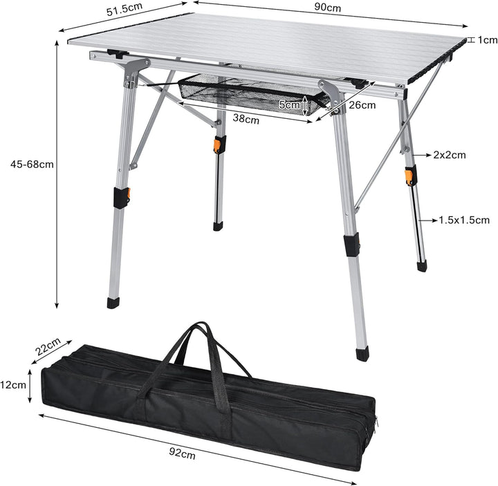 Klappbarer Campingtisch Aluminium 90x51,5cm, Höhenverstellbar Klapptisch mit Tragetasche &amp; Netzfach,