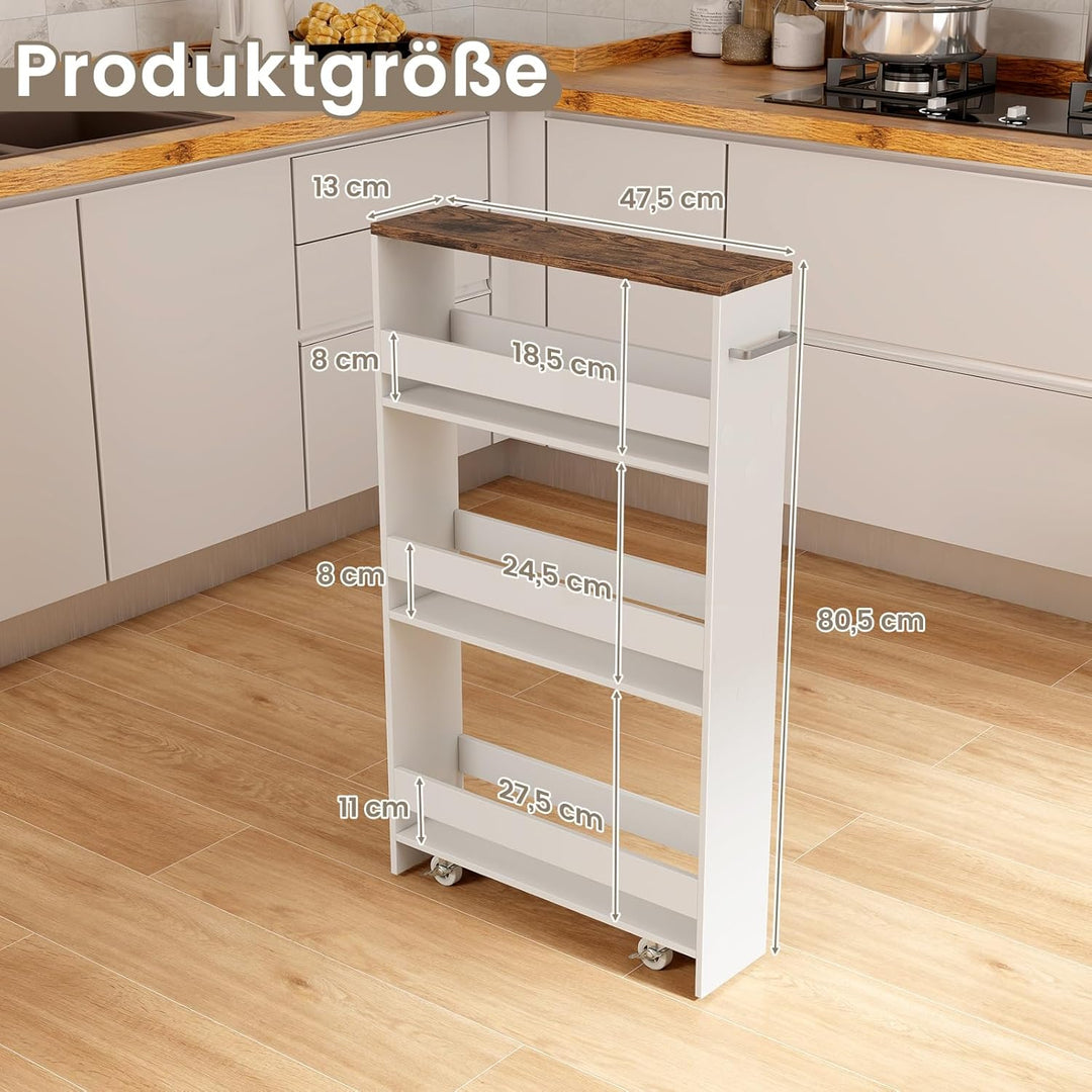 COSTWAY Nischenwagen 13cm breit, 4 Etagen Küchenwagen schmal, Nischenregal auf Rollen, Servierwagen