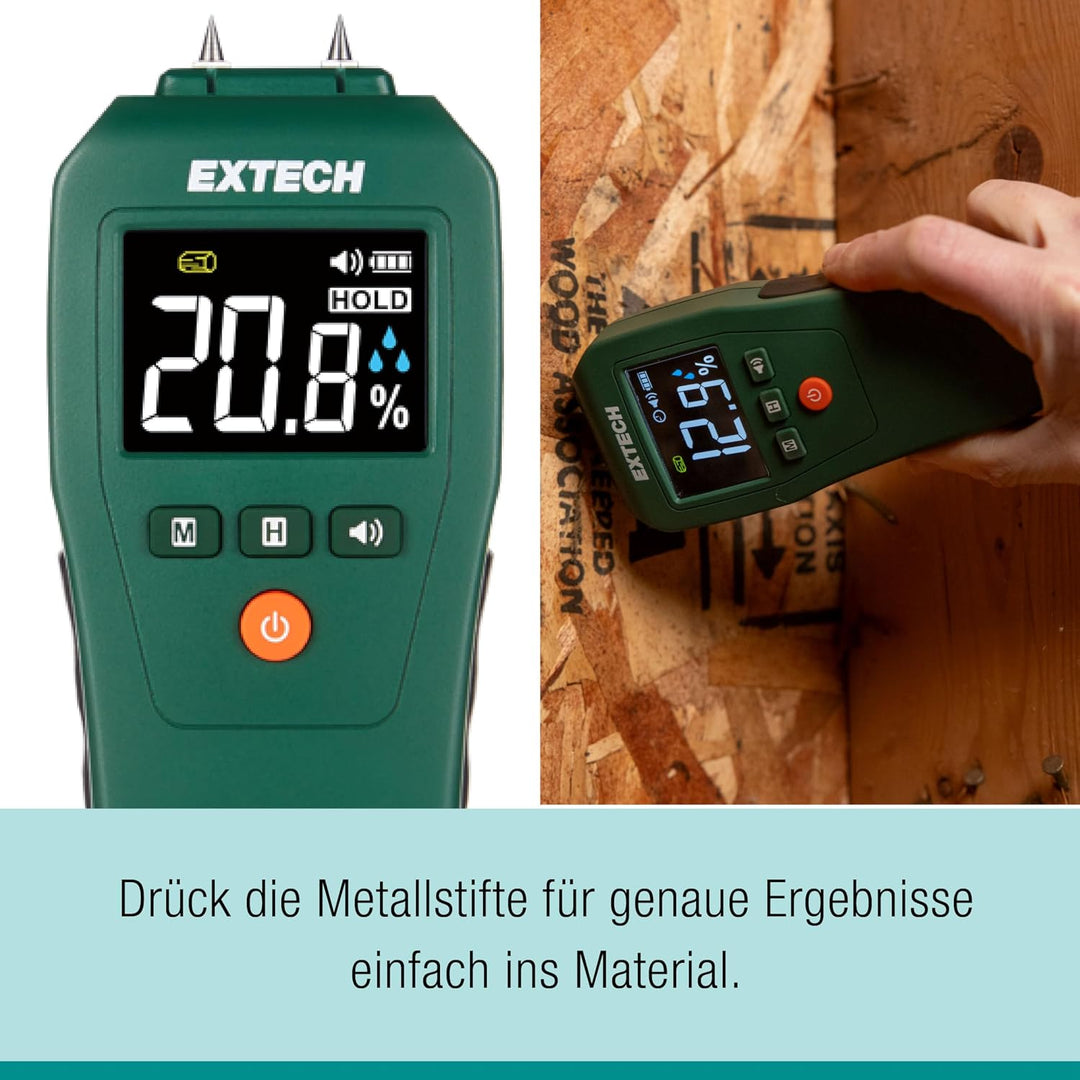 Extech MO50A Kompakter Pin-Feuchtigkeitsmesser, Alarm, LCD | Feuchtigkeit Holz (5-50%) und Baumateri