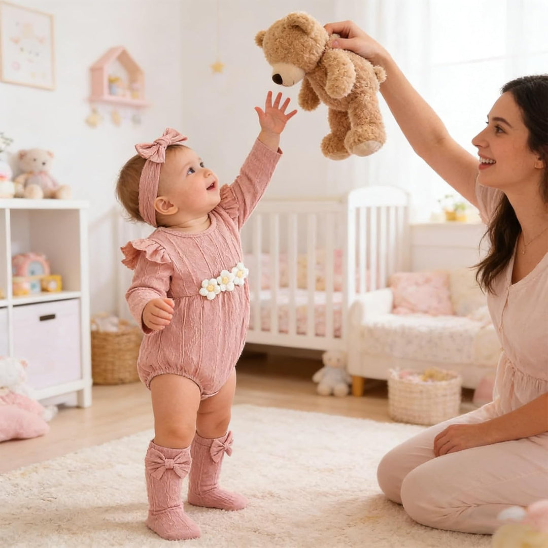 Kunyeah 3Pcs Baby Mädchen Outfits Kleinkind Ruffle Strampler Langarm Bodysuit+Bow Haarband+Socken Ne