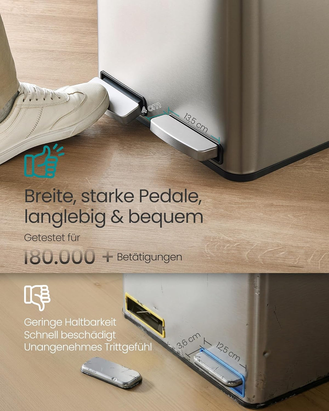 SONGMICS Mülleimer Küche, 2 x 15 L, Mülltrennsystem 2 Fächer, Abfalleimer mit 15 Müllbeuteln, Tretmü