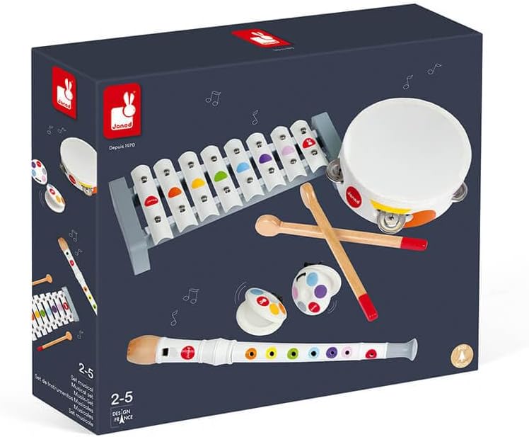 Janod - Confetti Holz-Musikset mit 4 Instrumenten, Musikinstrument für Kinder, Spielzeugnachbildung