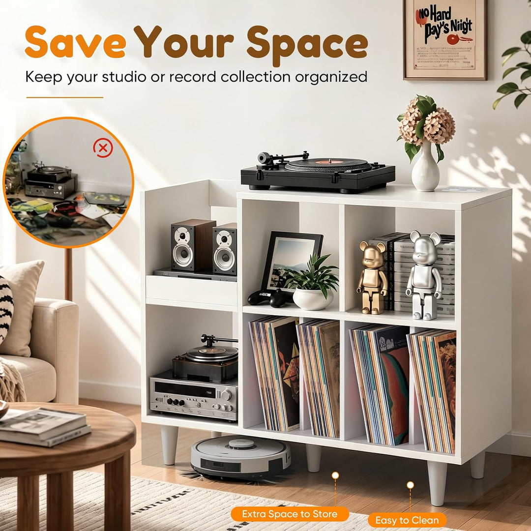 Plattenständer Holz mit Steckdosen &amp; USB, 3 Ebenen für 350 Schallplatten