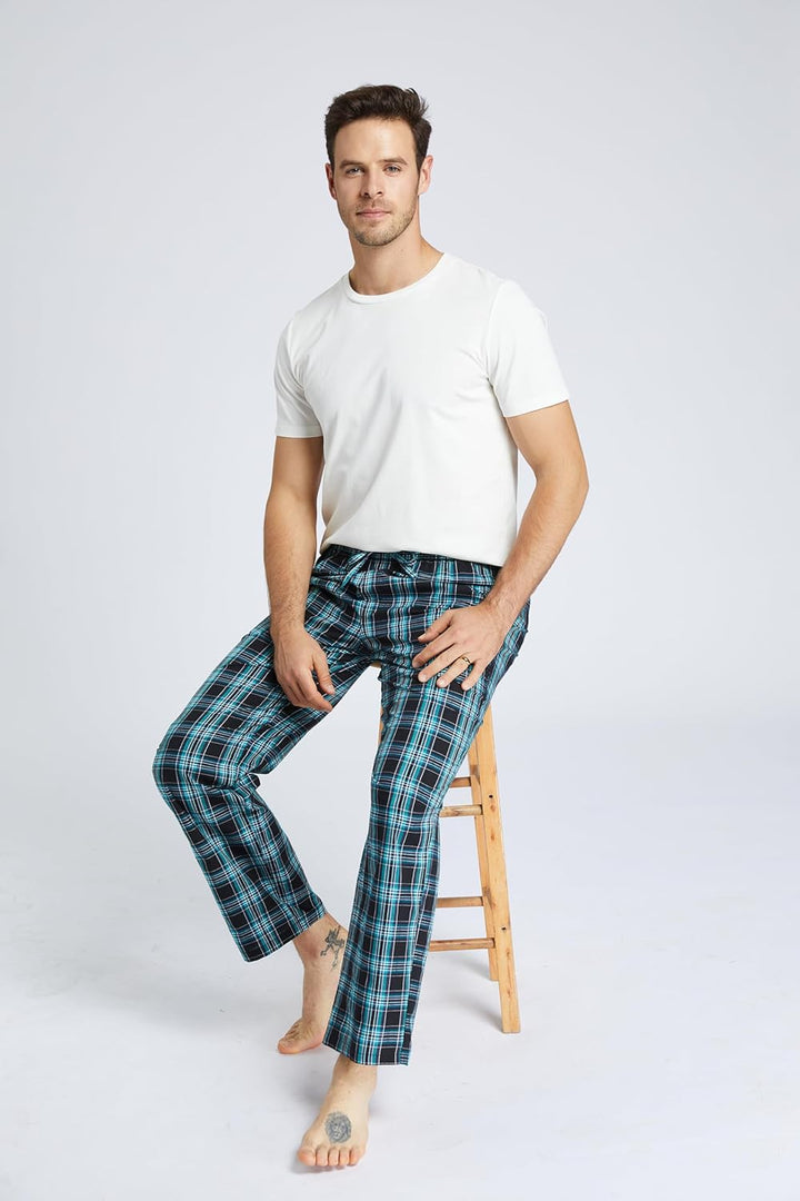 Jveyvth Herren 100% Baumwolle Pyjamahose, Gewebte kariert Schlafhose Loungewear Pyjama Hose mit Tasc
