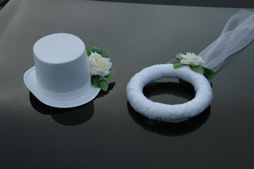 Schleier UND Hut Autoschmuck Rose Car Dekoration Hochzeit Wedding ®Auto-schmuck (Ecru/Weiss) Ecru /