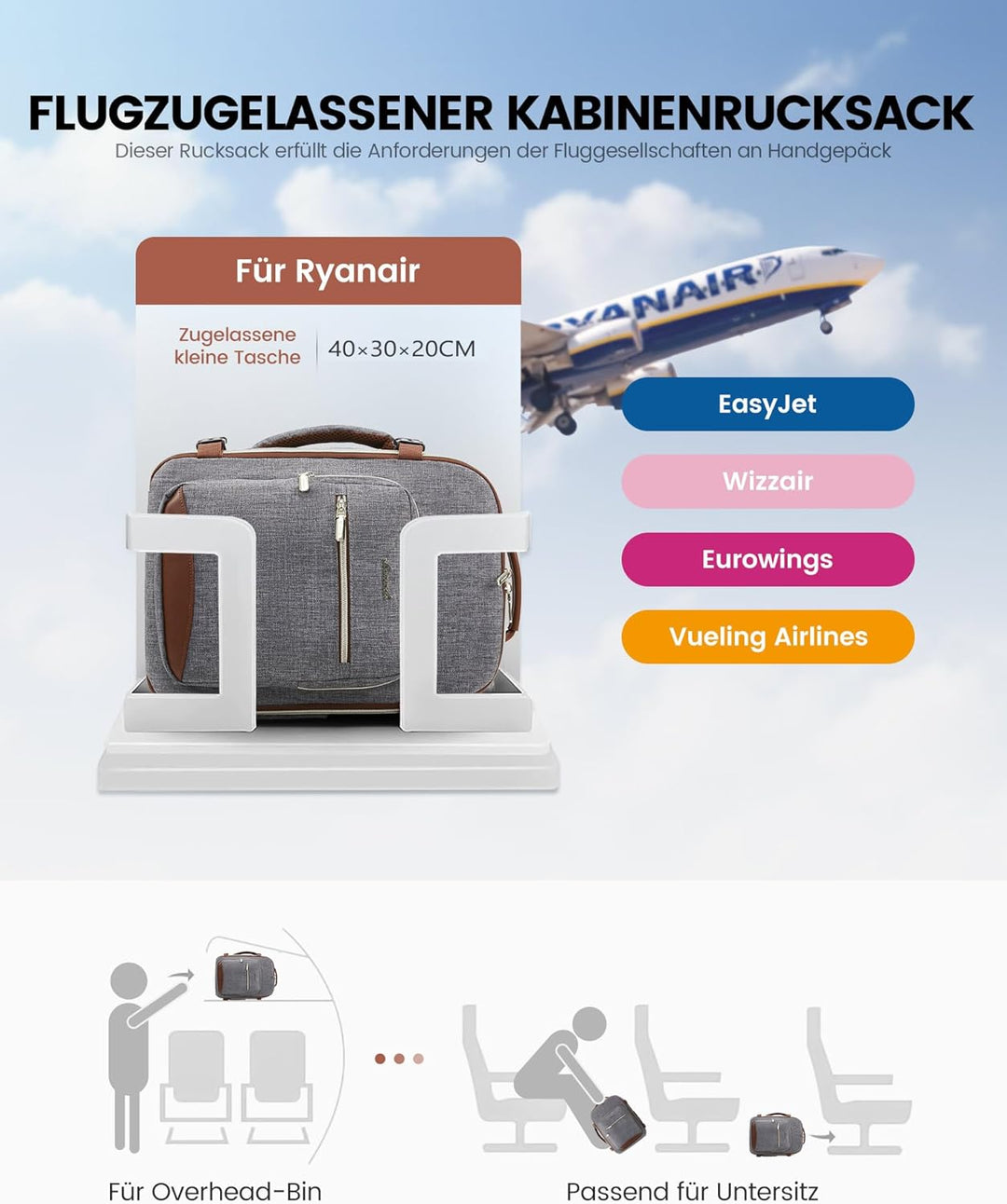 LOVEVOOK für Ryanair Handgepäck 40x30x20 Rucksack, Kleiner Handgepäcktasche Reiserucksack Flugzeug,