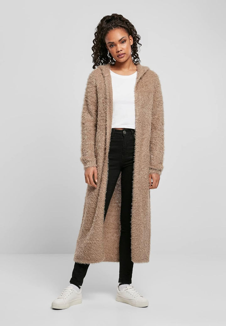 Urban Classics Damen Strickjacke Ladies Hooded Feather Cardigan, knielange Jacke für Frauen in 5 Far
