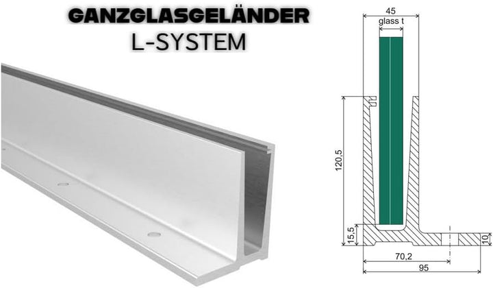 Sellon24® Ganzglasgeländer Glasgeländer Bodenprofil ALU aufgesetzte Bodenmontage Profil Aluminium el