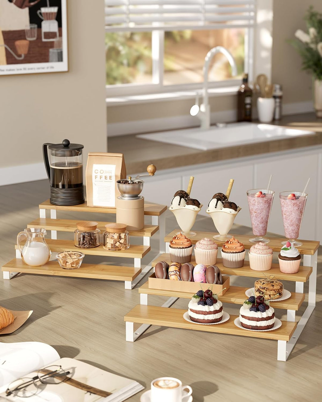 SONGMICS Gewürzregale, Küchenregale stehend, Küchen-Organizer, 2er Set, Holzwerkstoff, je 4 Ablagen,