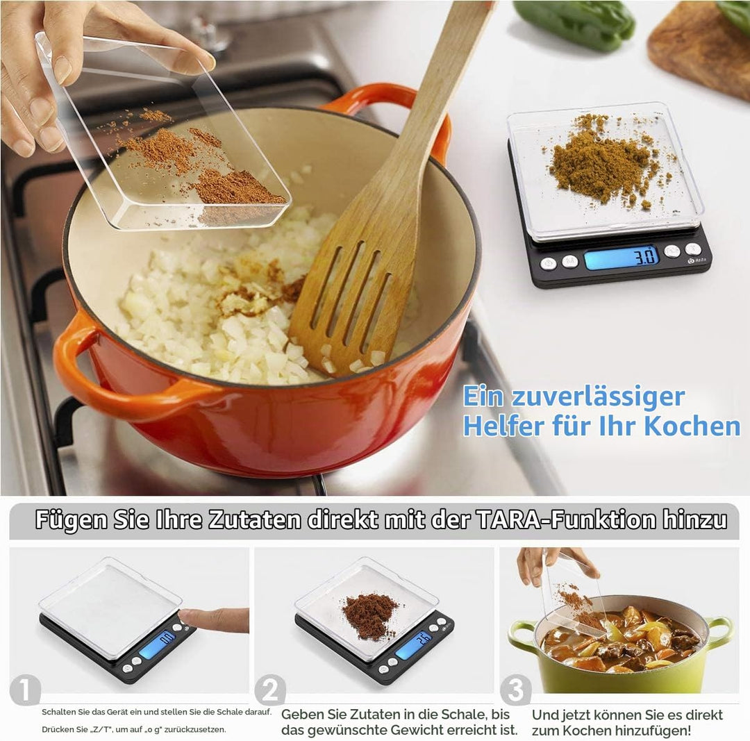 AMIR Digitale Küchenwaage 3kg, Electronische Waage, Hohe Präzision auf bis zu 0,1g, Briefwaage mit T