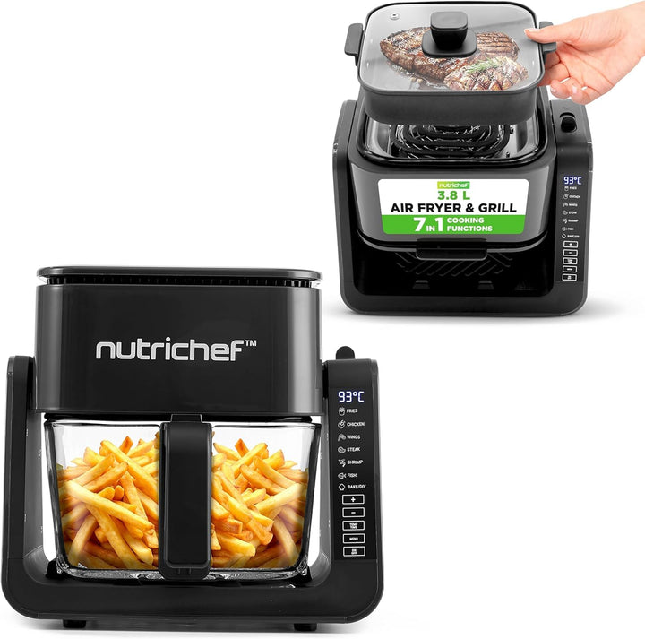 Nutrichef Heissluftfritteuse + Elektrogrill, 4L Airfryer mit Sichtfenster bis 360°C, 7 Programme, An