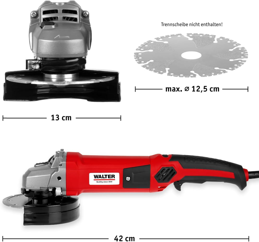 WALTER Winkelschleifer 1200W, 125mm, schwarz/rot, Zusatzhandgriff in 3 Positionen montierbar, Schnel