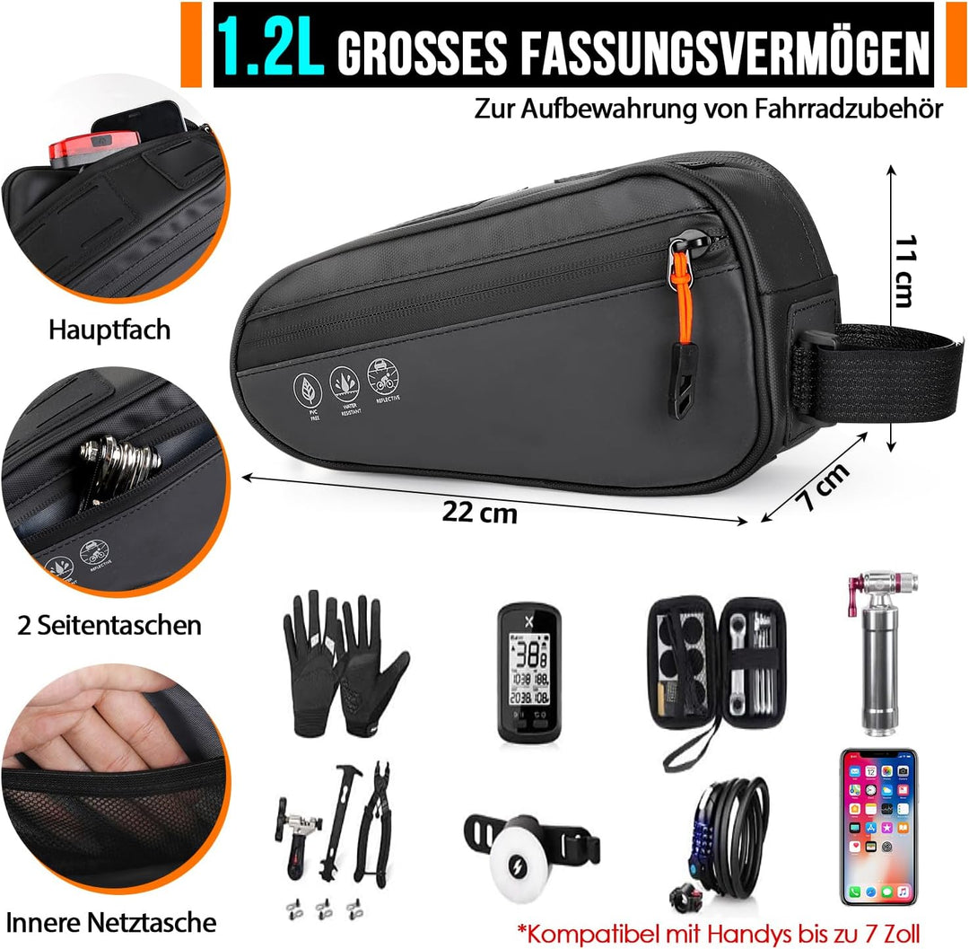 Fahrrad Rahmentasche, 3 Wege Installation Fahrradtasche Rahmen Oberrohrtasche Dreieckstasche mit Zwe