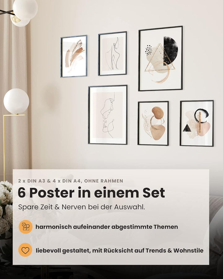 MUUDLY® Poster Set Abstrakt Line Art Beige – 6 moderne Wandbilder (2×A3, 4×A4) – Stilvolle Bilder fü
