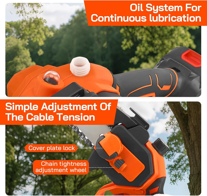 2-in-1 Mini Kettensäge 6 Zoll, 21V Akku-Hochentaster mit Verlängerungsstange 1,32–2,3 m, Elektro Hoc
