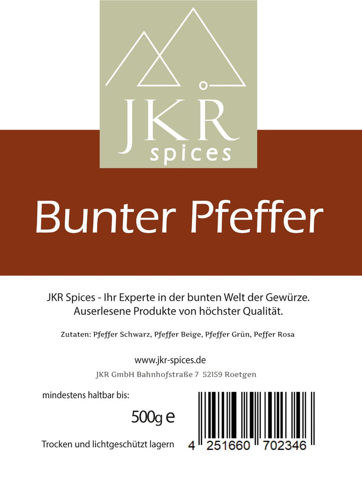 JKR Spices® Bunter Pfeffer ganz 500g - grüne rosa beige schwarze Pfefferkörner | ganze Pfeffer Körne