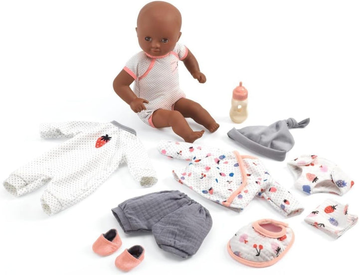 Djeco Puppe Cerise im Koffer | 32 cm weiche Babypuppe mit Zubehör ab 18 Monaten | Schlafaugen, Kleid