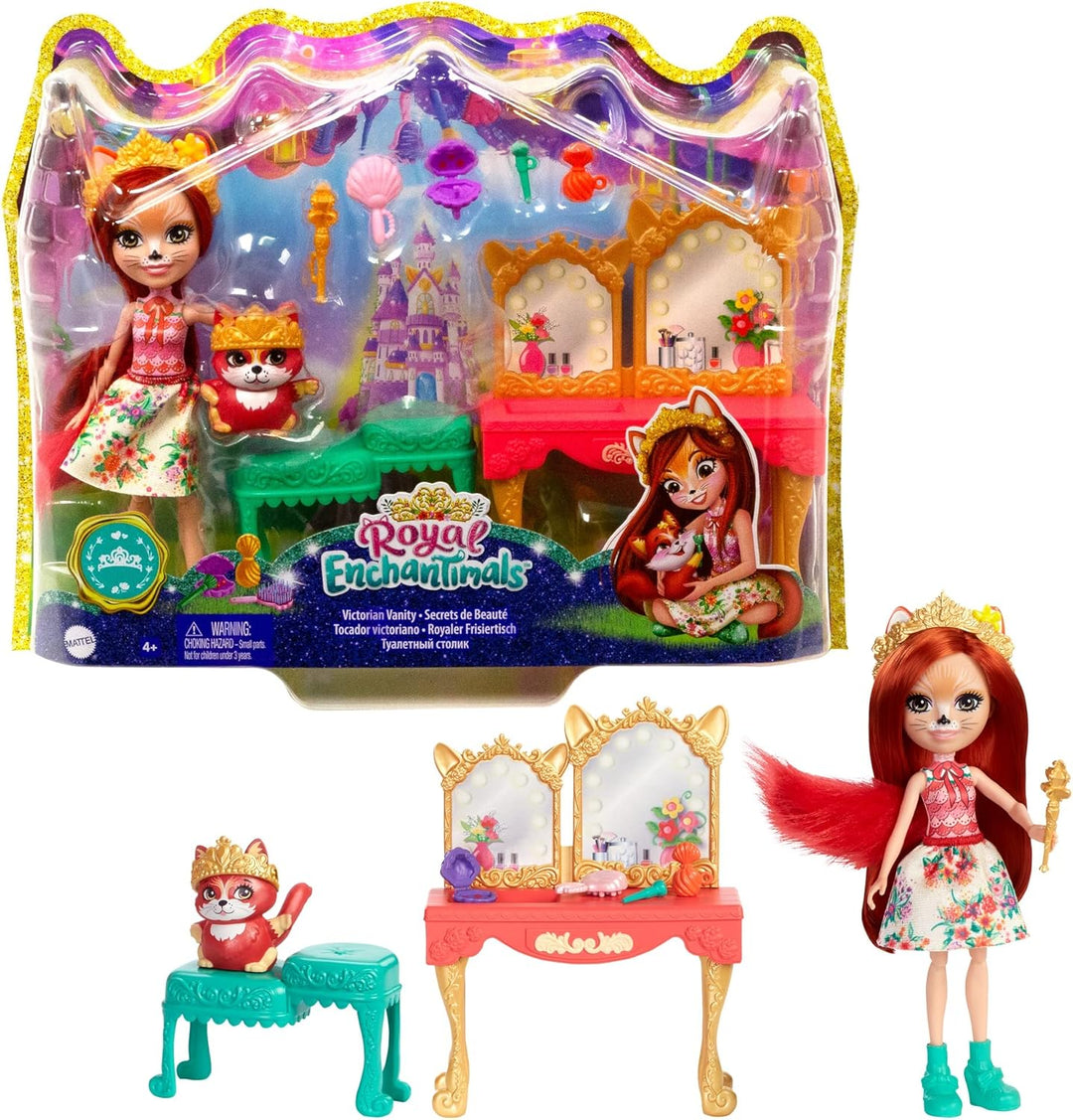 Enchantimals GYJ05 - Royaler Frisiertisch Spielset, mit Fabrina Fox Puppe (ca. 15,2 cm) und 1 Tier,