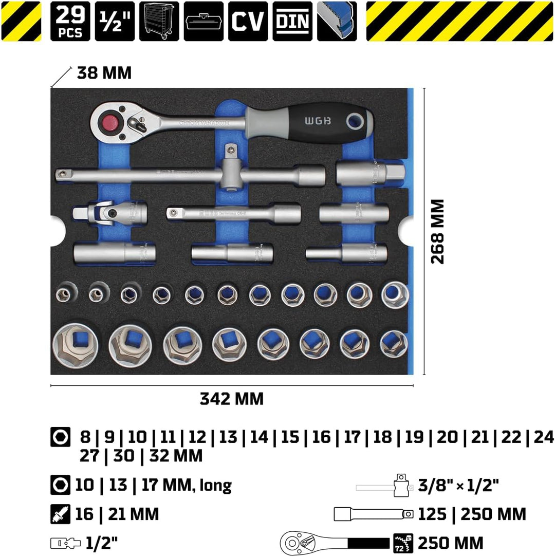 1/2" Steckschlüssel Set mit Ratsche und Sechskant Nuss Set 29 teilig | WGB Schaumstoffeinlage Werkze