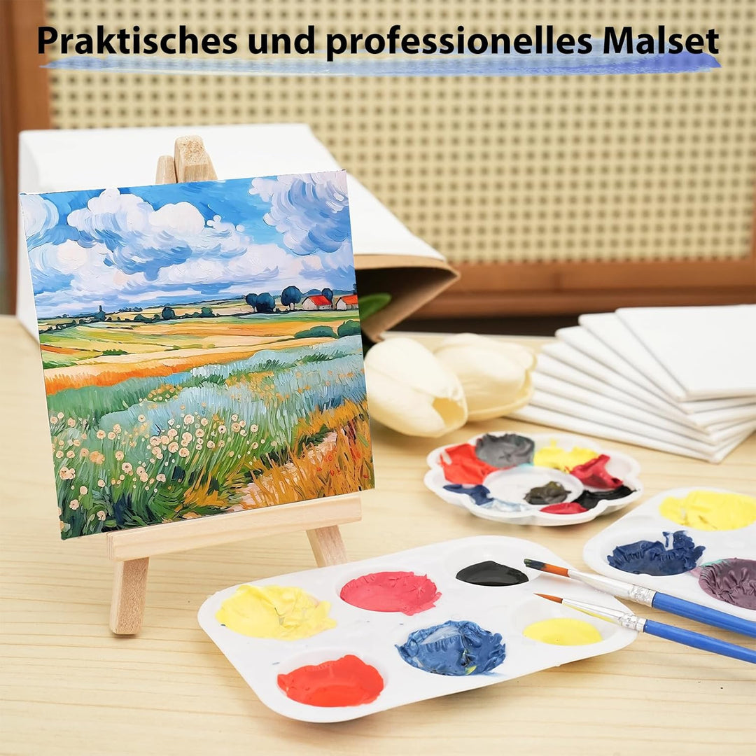 DONQL 50 Stück Mini Leinwand mit Staffelei Set, Kleine Leinwände mit einstellbare Mini Staffelei, mi