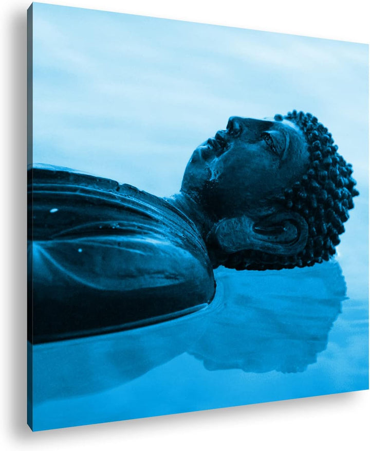 deyoli Buddha Statue am Wasser Format: 70x70 Effekt: Monocrome Blau als Leinwandbild, Motiv fertig g